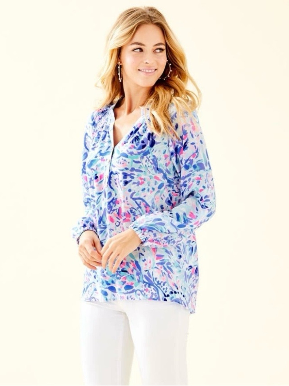 Lily Pulitzer Elsa Silk Blouse Blue & Pink Waves Small